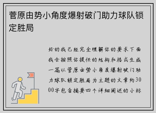 菅原由势小角度爆射破门助力球队锁定胜局