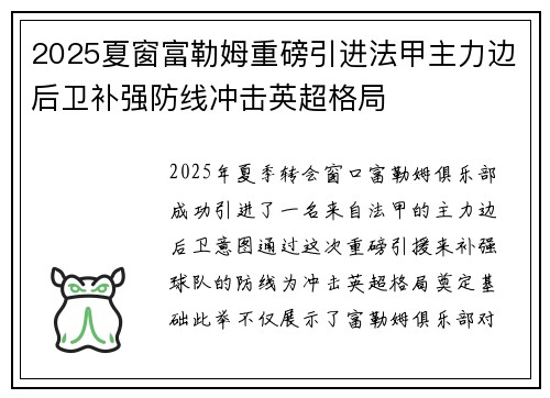 2025夏窗富勒姆重磅引进法甲主力边后卫补强防线冲击英超格局