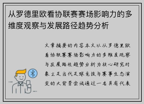 从罗德里欧看协联赛赛场影响力的多维度观察与发展路径趋势分析